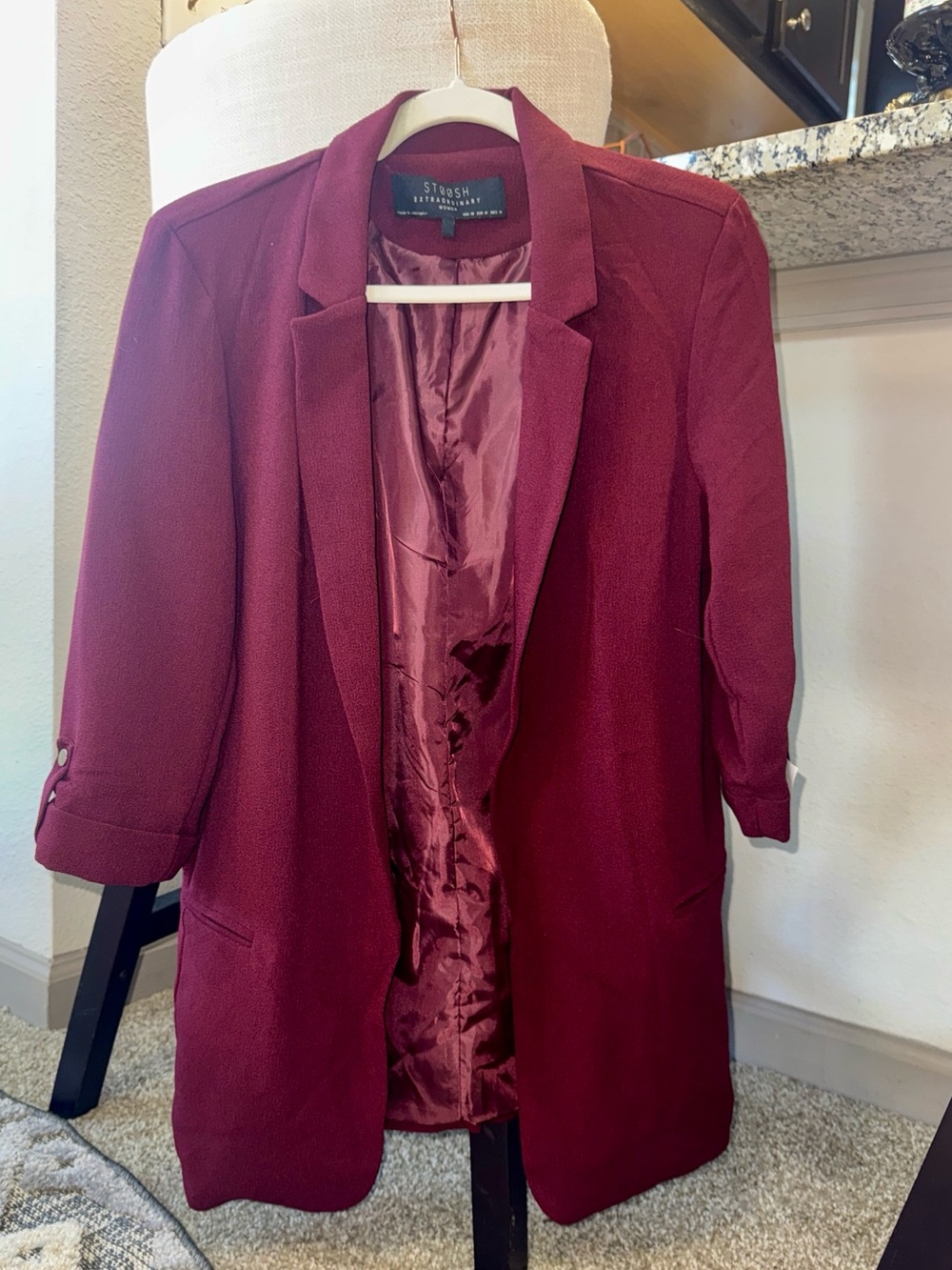 NWT — Stoosh Burgundy Crepe Open-Front Blazer
